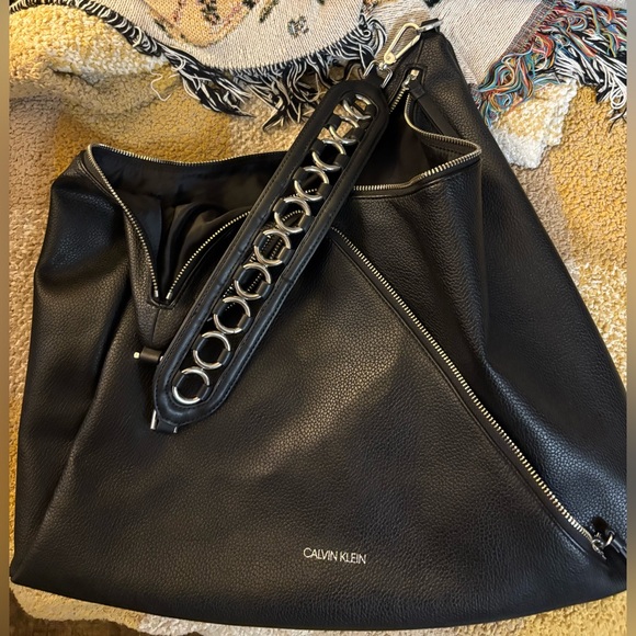 Calvin Klein Geo Rocky Road Tote Bag, Black w/ Metal Detail Shoulder Strap - Picture 4 of 10